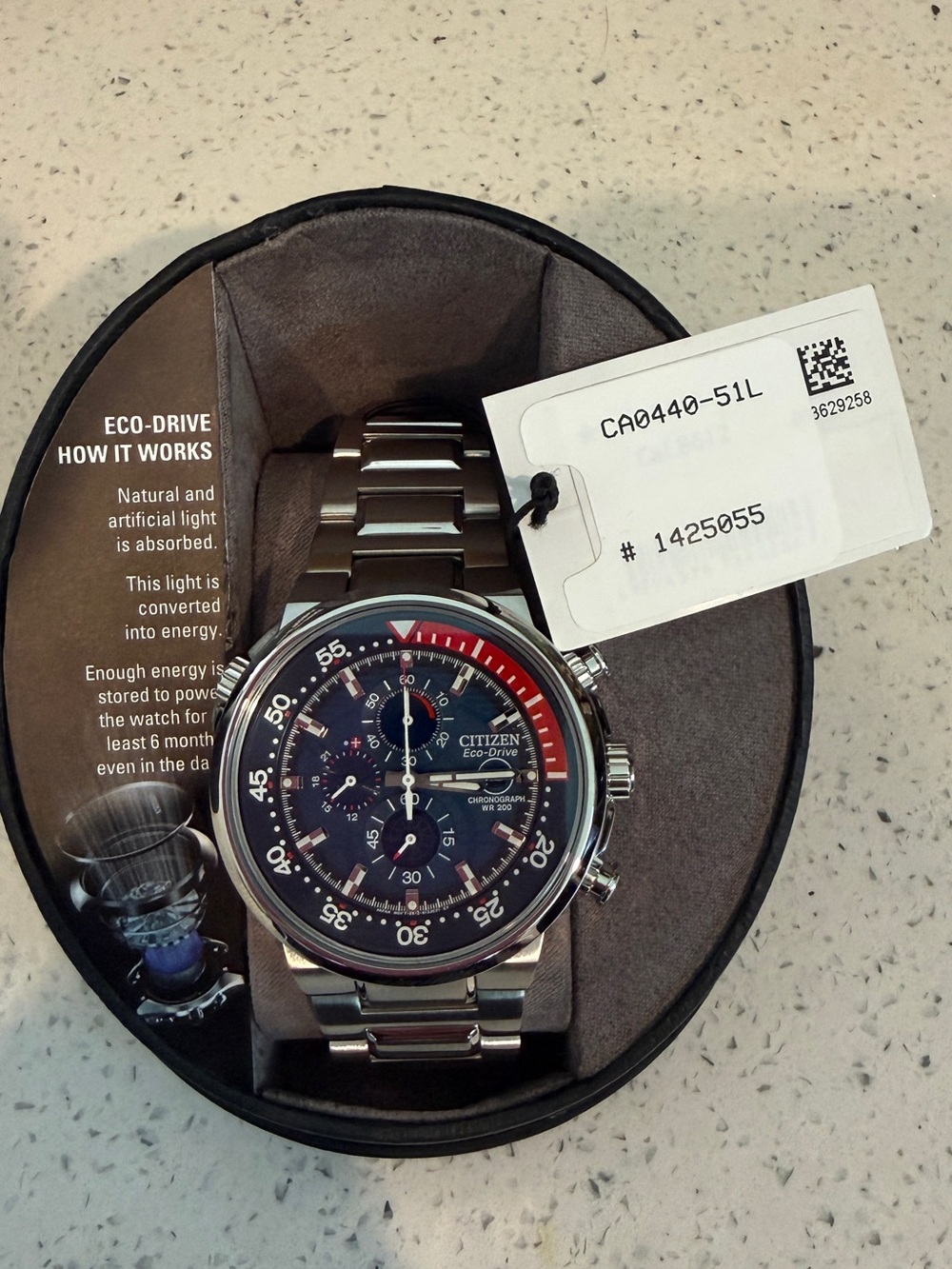 Citizen Stainless Steel Watch with Blue Dial and Red Accent